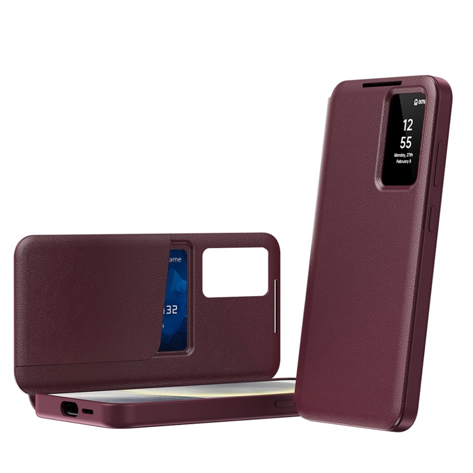 Husa pentru Samsung Galaxy S25 Plus tip carte, Skyddar, cu portofel si SmartView, Premium, set cu sticker, Rosu - 1 | YEO