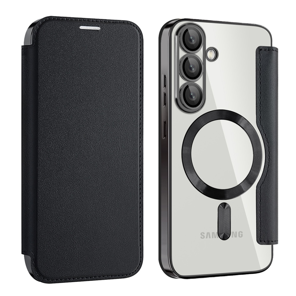 Husa pentru Samsung Galaxy S25 Plus tip carte, SKYDDAR INOVATION, SmartMag Book, Magsafe, RFiD, Suport Carduri, set cu sticker, Negru - 1 | YEO