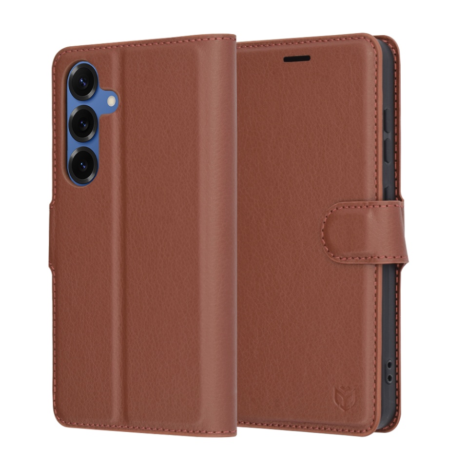 Husa pentru Samsung Galaxy S25, SKYDDAR INNOVATION, Leather Folio tip Carte, cu Portofel Interior, Finisaje Premium, set cu sticker, Maro