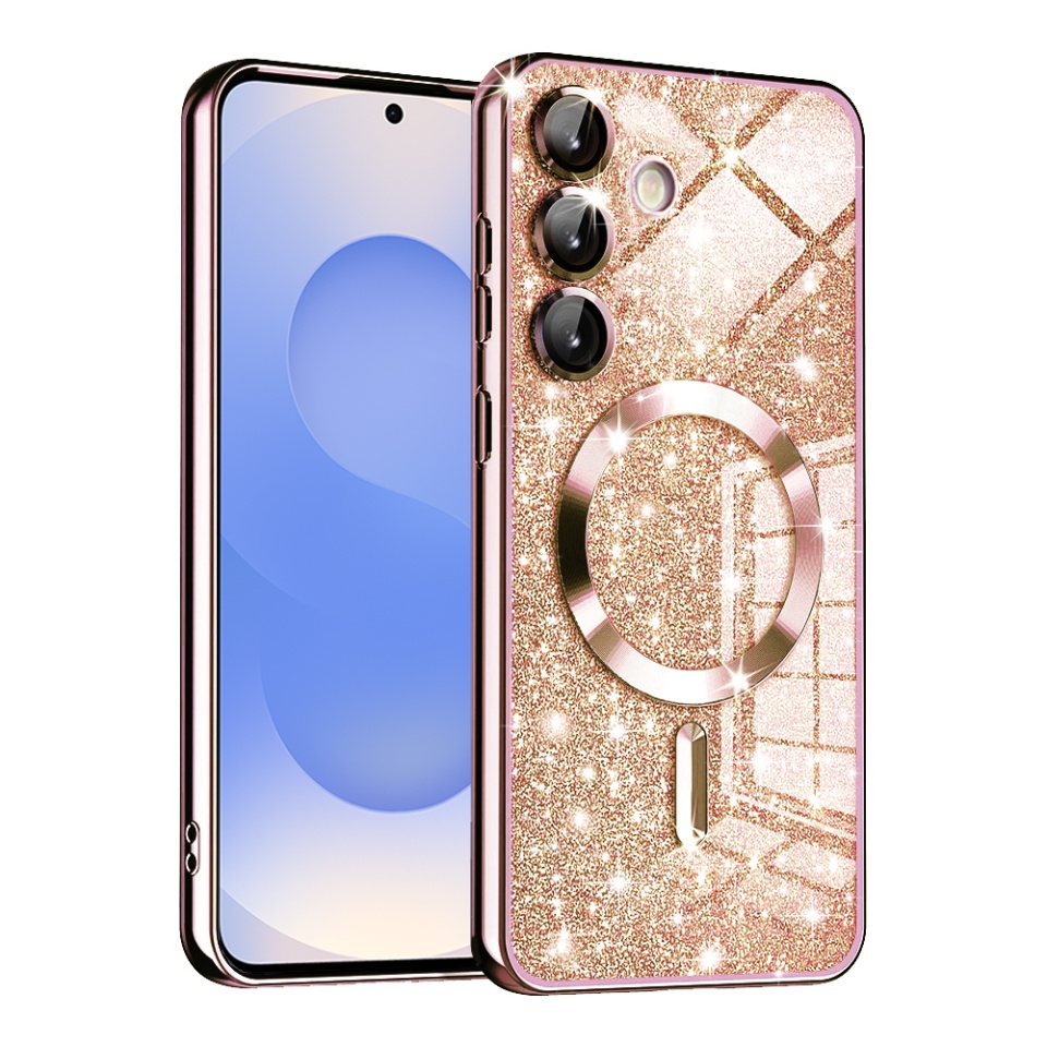 Husa pentru Samsung Galaxy S25, SKYDDAR INNOVATION, Luxury Glitter Magsafe, Antisoc, Fundal Detasabil 2-in-1, Margini Ridicate, set cu sticker, Roz auriu
