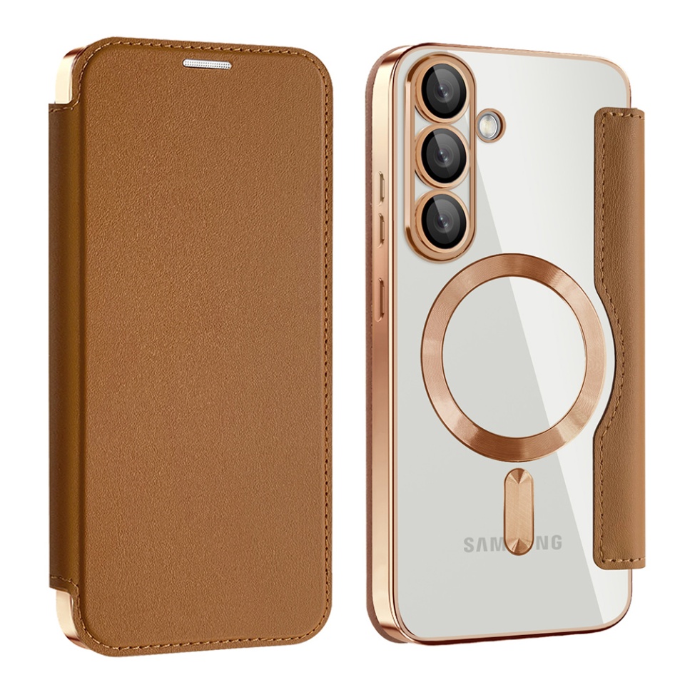 Husa pentru Samsung Galaxy S25 tip carte, SKYDDAR INOVATION, SmartMag Book, Magsafe, RFiD, Suport Carduri, set cu sticker, Maro - 1 | YEO