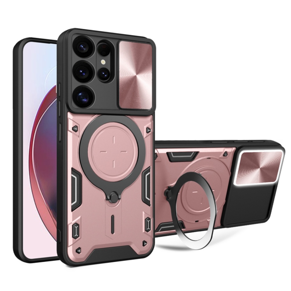 Husa pentru Samsung Galaxy S25 Ultra, cu inel magnetic si suport ajustabil, protectie completa camera, SKDR SafeCover - Roz auriu