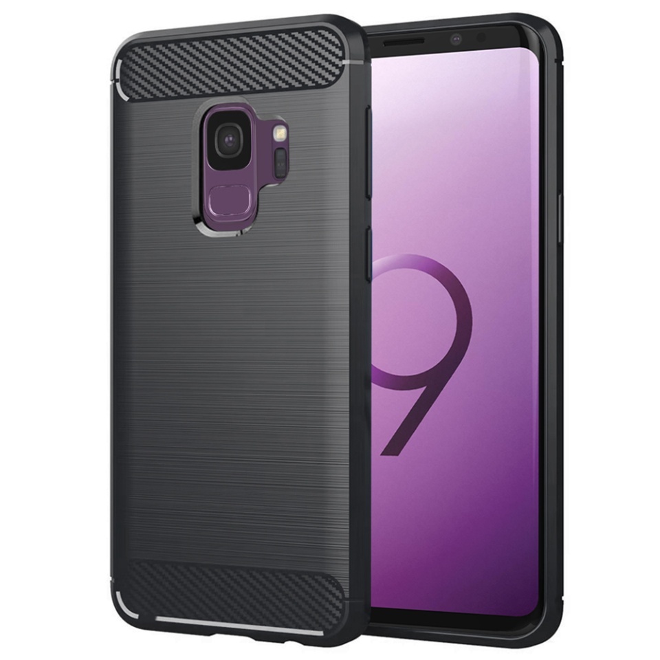 Husa pentru Samsung Galaxy S9, SKYDDAR INNOVATION, Carbon Silicone, din Silicon Slim, cu textura Fibra Carbon, set cu sticker, Negru