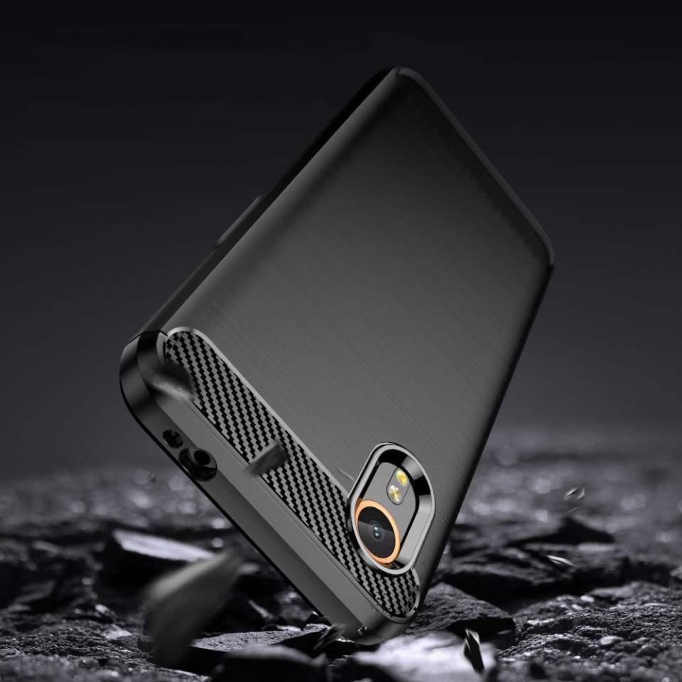 Husa pentru Samsung Galaxy Xcover7, SKYDDAR INNOVATION, Carbon Silicone, din Silicon Slim, cu textura Fibra Carbon, set cu sticker, Negru - 1 | YEO