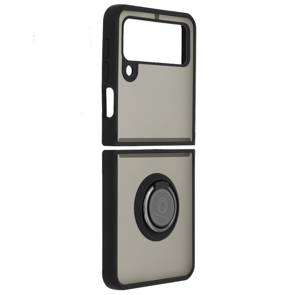 Husa pentru Samsung Galaxy Z Flip3 5G, SKYDDAR INNOVATION, Glinth cu Inel Rotativ 360° Magnetic, Negru, set cu sticker - 1 | YEO