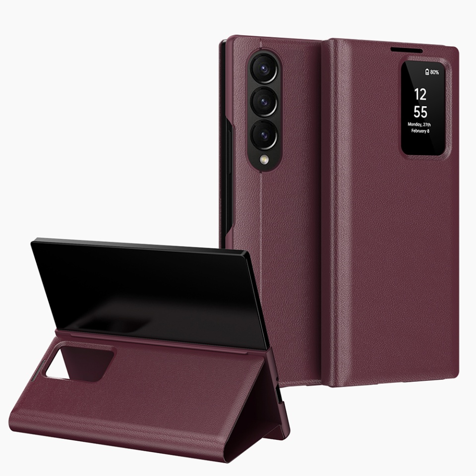 Husa pentru Samsung Galaxy Z Fold3 5G tip carte, Skyddar, cu portofel si SmartView, Premium, set cu sticker, Rosu - 1 | YEO