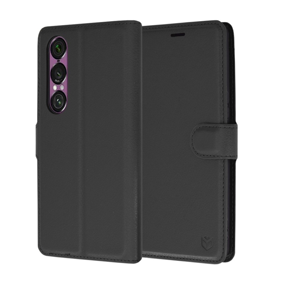 Husa pentru Sony Xperia 1 VI, SKYDDAR INNOVATION, Leather Folio tip Carte, cu Portofel Interior, Finisaje Premium, set cu sticker, Negru