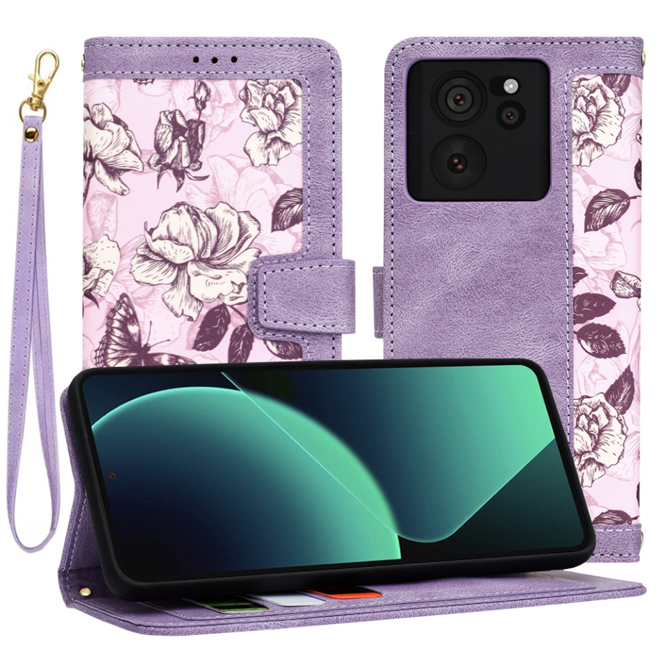 Husa pentru Xiaomi 13T / 13T Pro din Piele Ecologică cu Design Floral, Protecție 360°, Stand Integrat, Buzunare pentru Carduri, SKDR Floral Wallet - Mov