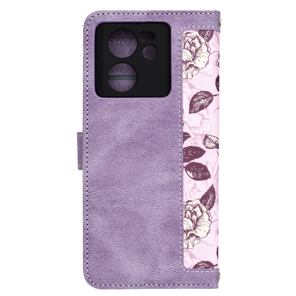 Husa pentru Xiaomi 13T / 13T Pro din Piele Ecologică cu Design Floral, Protecție 360°, Stand Integrat, Buzunare pentru Carduri, SKDR Floral Wallet - Mov - 3 | YEO