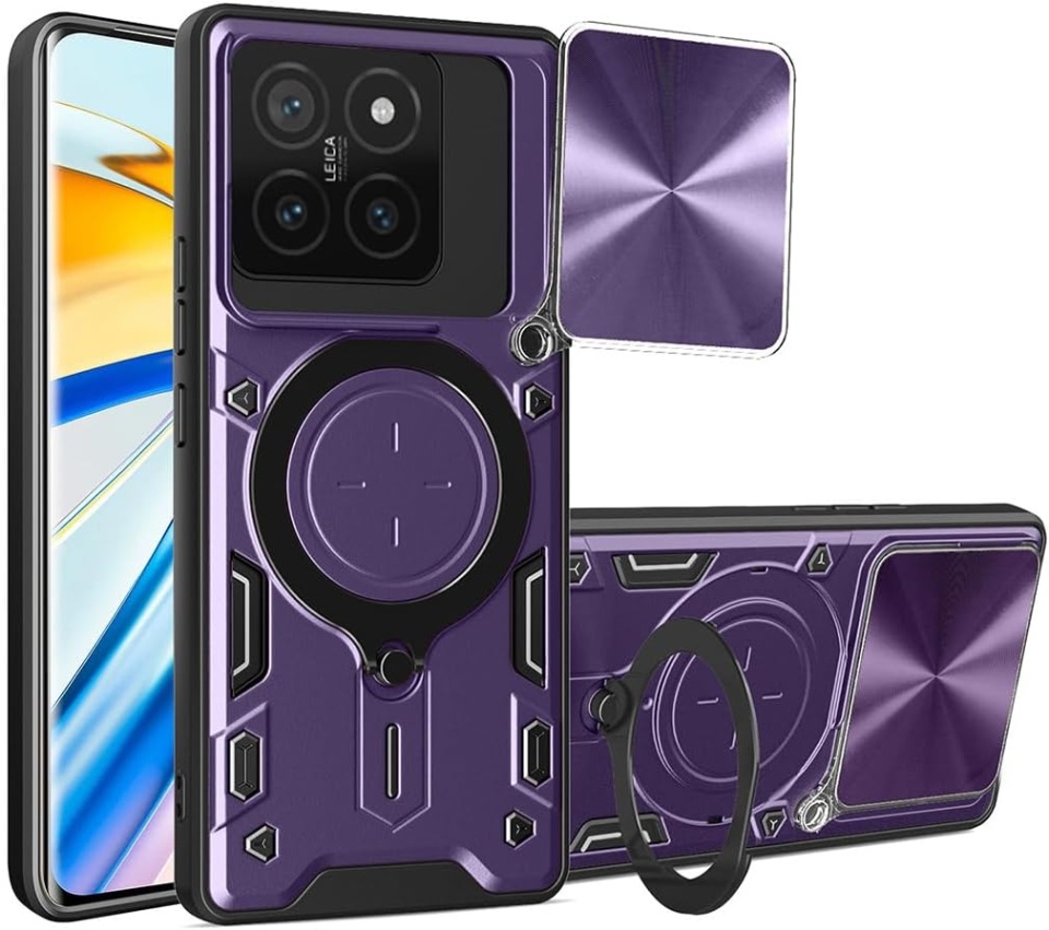 Husa pentru Xiaomi 14T, cu inel magnetic si suport ajustabil, protectie completa camera, SKDR SafeCover - Mov