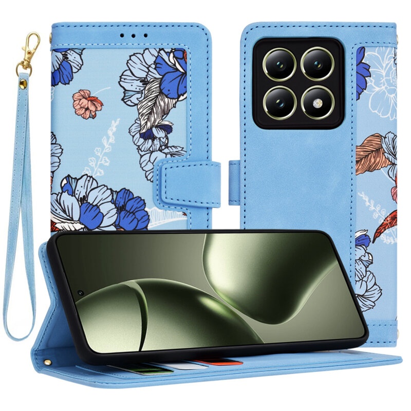 Husa pentru Xiaomi 14T din Piele Ecologică cu Design Floral, Protecție 360°, Stand Integrat, Buzunare pentru Carduri, SKDR Floral Wallet - Bleu