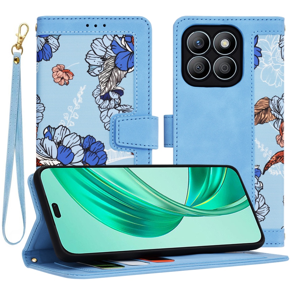 Husa pentru Xiaomi 14T Pro din Piele Ecologică cu Design Floral, Protecție 360°, Stand Integrat, Buzunare pentru Carduri, SKDR Floral Wallet - Bleu