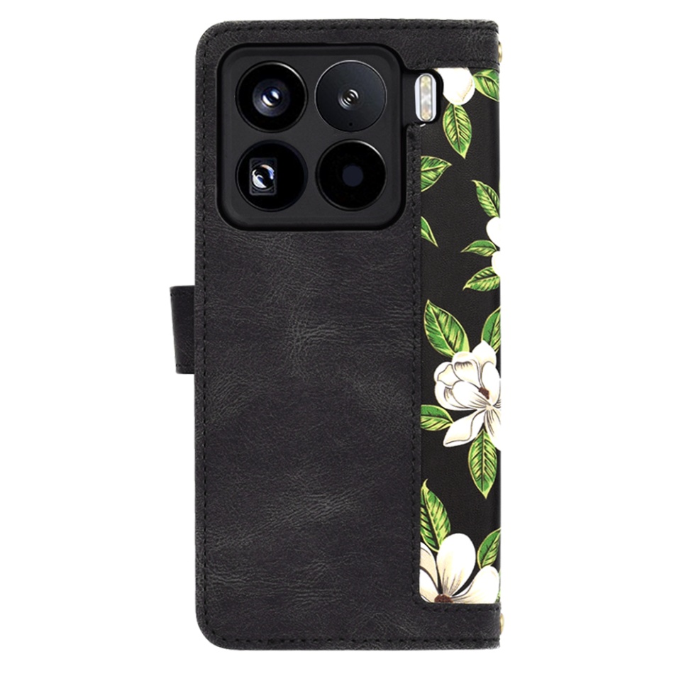 Husa pentru Xiaomi 15 Pro din Piele Ecologică cu Design Floral, Protecție 360°, Stand Integrat, Buzunare pentru Carduri, SKDR Floral Wallet - Negru - 2 | YEO