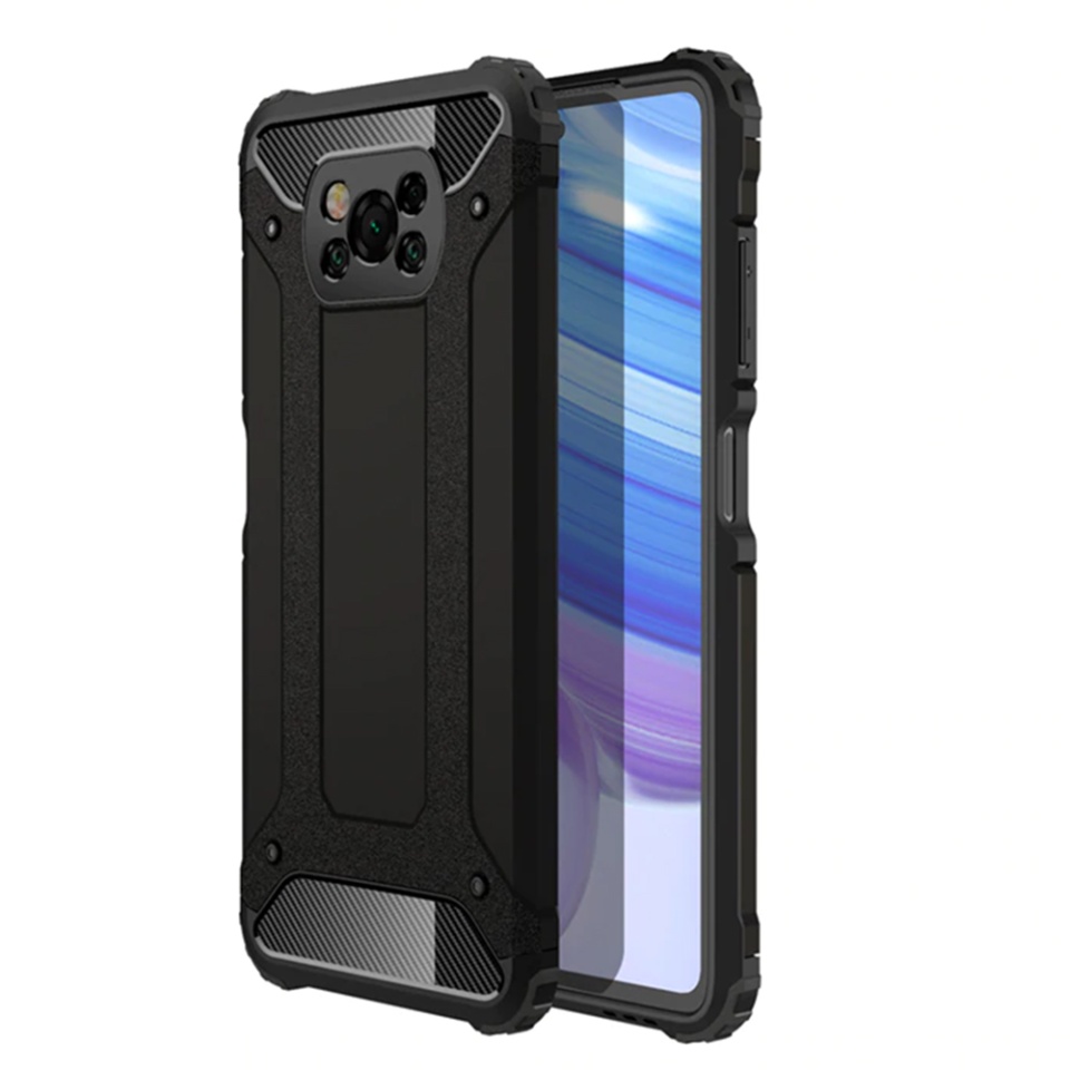 Husa pentru Xiaomi Poco X3 Pro / Poco X3 NFC / Poco X3, SKYDDAR INNOVATION, Hybrid Armor, din Plastic Dur, Margini Cauciucate, Antisoc, set cu sticker, Negru
