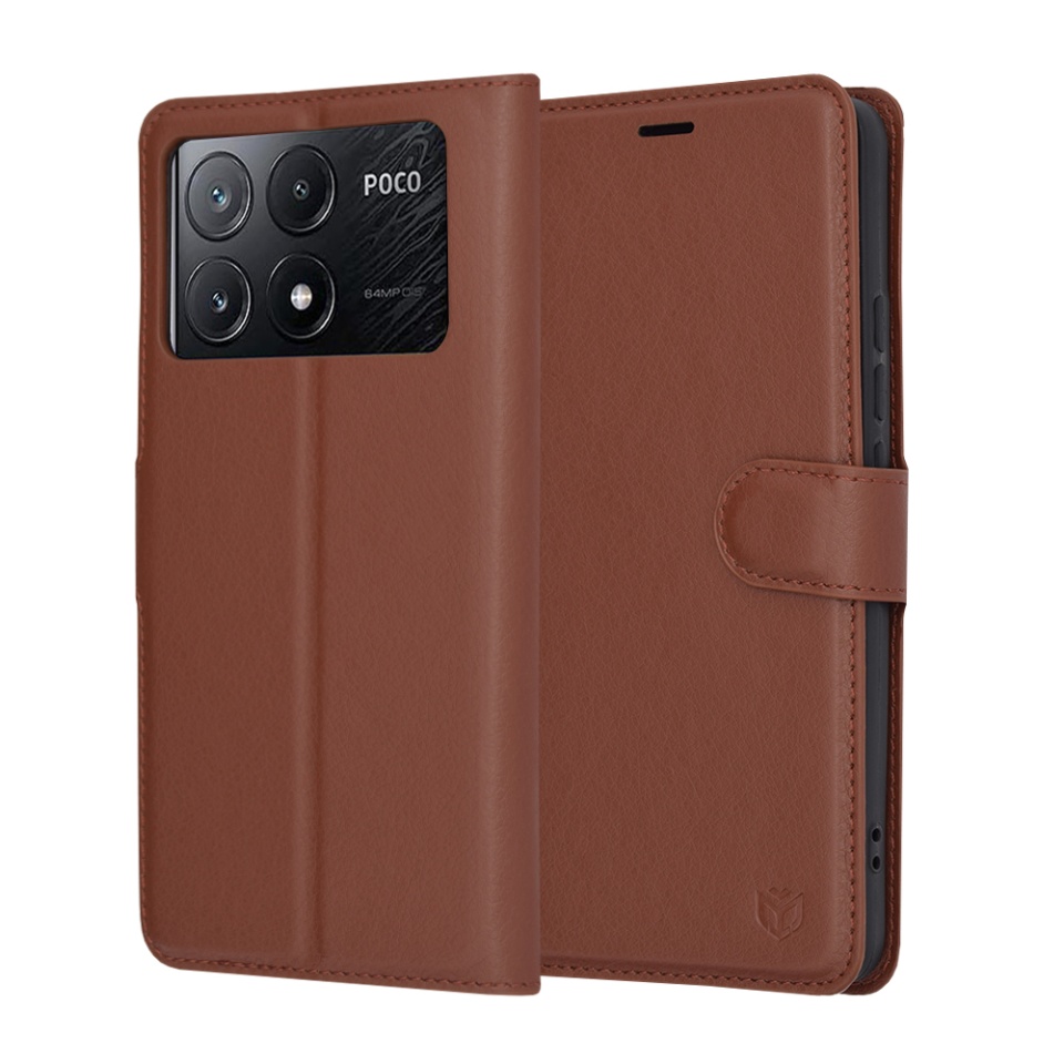 Husa pentru Xiaomi Poco X6 Pro, SKYDDAR INNOVATION, Leather Folio tip Carte, cu Portofel Interior, Finisaje Premium, set cu sticker, Maro