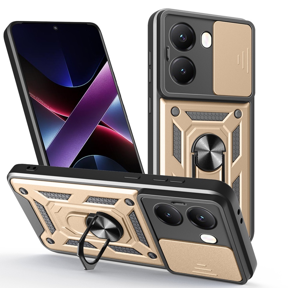 Husa pentru Xiaomi Poco X7 Pro, SKYDDAR INNOVATION, CamShield, Inel magnetic, set cu sticker, Auriu