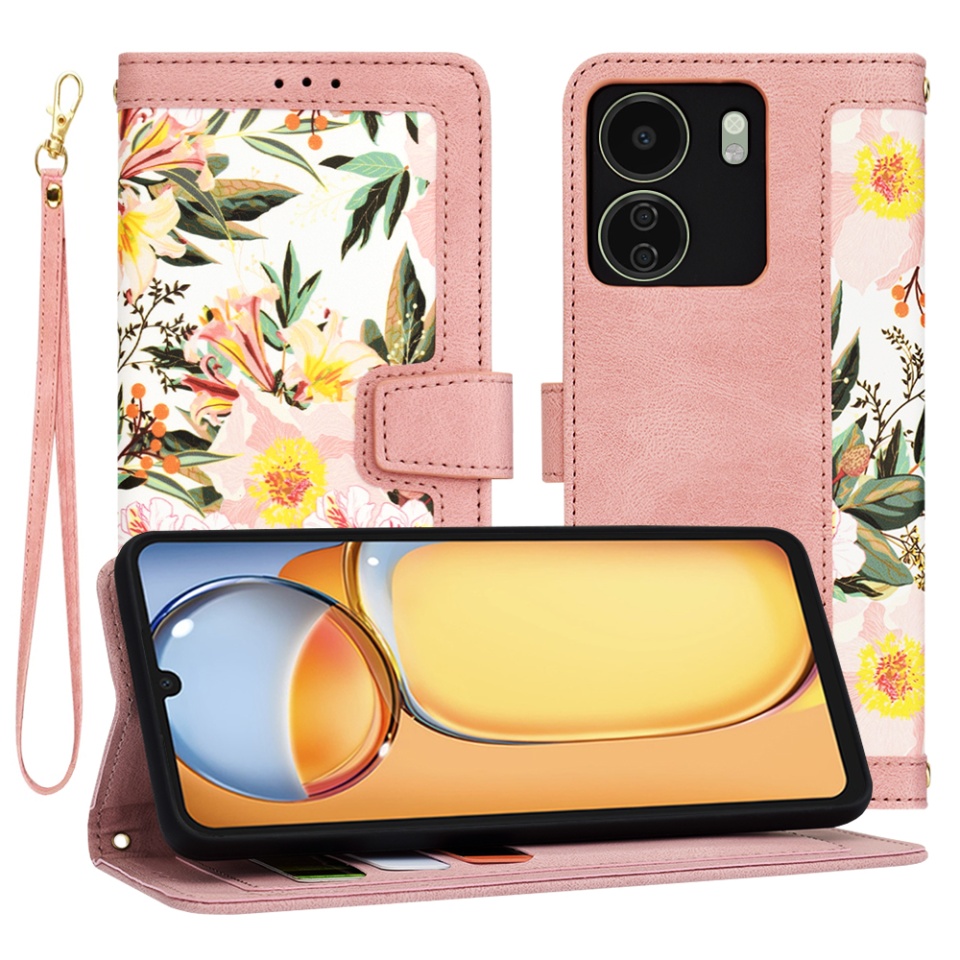 Husa pentru Xiaomi Redmi 13C 4G / Poco C65 din Piele Ecologică cu Design Floral, Protecție 360°, Stand Integrat, Buzunare pentru Carduri, SKDR Floral Wallet - Roz