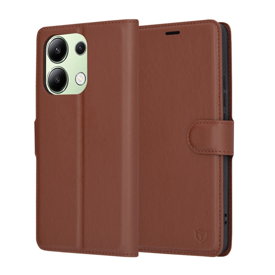 Husa pentru Xiaomi Redmi Note 13 4G, SKYDDAR INNOVATION, Leather Folio tip Carte, cu Portofel Interior, Finisaje Premium, set cu sticker, Maro
