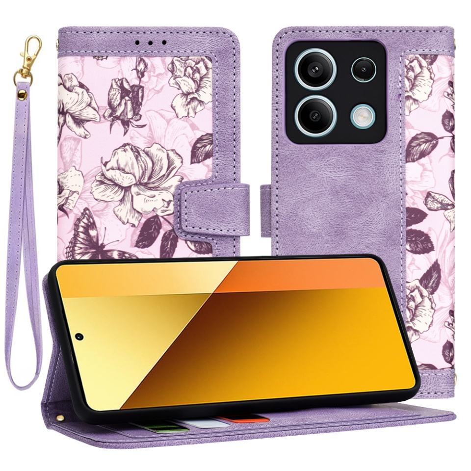 Husa pentru Xiaomi Redmi Note 13 5G din Piele Ecologică cu Design Floral, Protecție 360°, Stand Integrat, Buzunare pentru Carduri, SKDR Floral Wallet - Mov