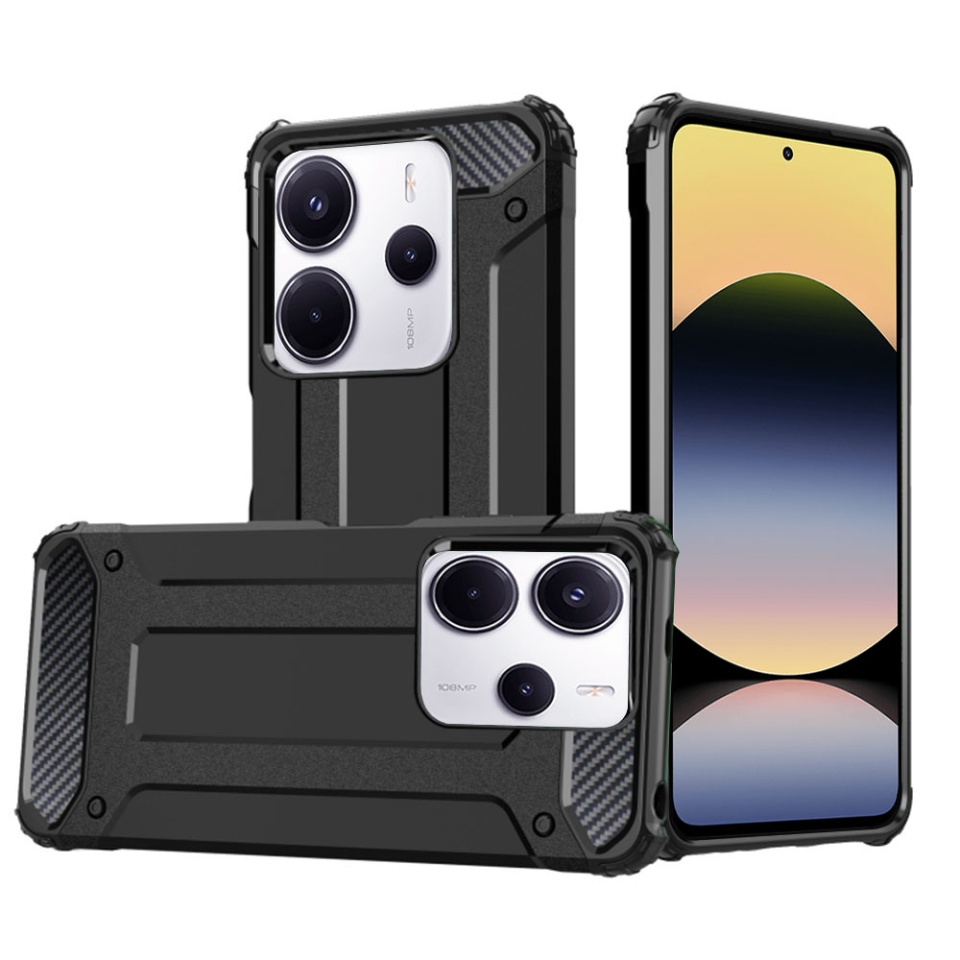 Husa pentru Xiaomi Redmi Note 14 4G (Regional), SKYDDAR INNOVATION, Hybrid Armor, din Plastic Dur, Margini Cauciucate, Antisoc, Negru, set cu sticker
