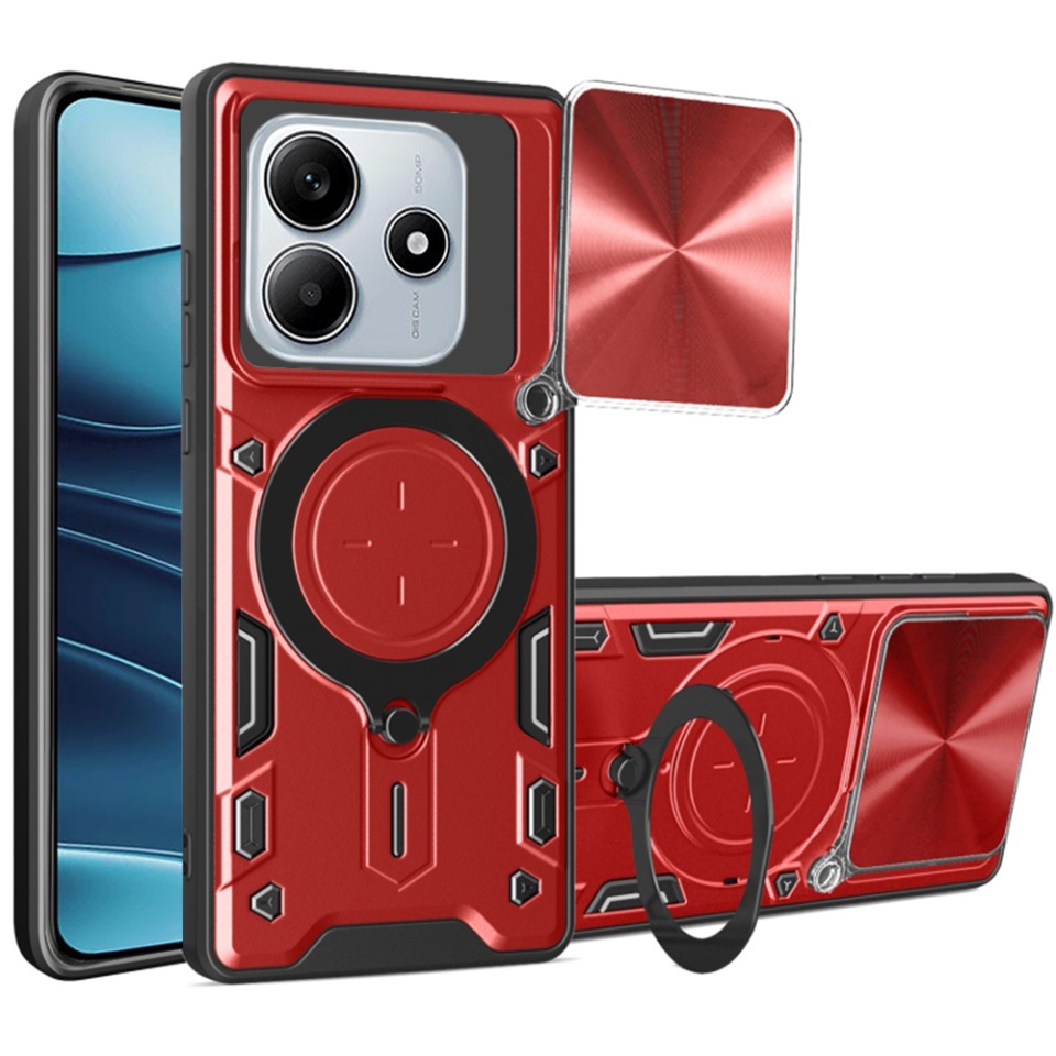 Husa pentru Xiaomi Redmi Note 14, cu inel magnetic si suport ajustabil, protectie completa camera, SKDR SafeCover - Rosu
