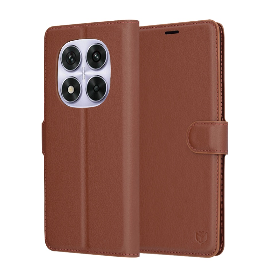 Husa pentru Xiaomi Redmi Note 14 Pro+ 5G / Redmi Note 14 Pro 5G / Poco X7, SKYDDAR INNOVATION, Leather Folio tip Carte, cu Portofel Interior, Finisaje Premium, set cu sticker, Maro