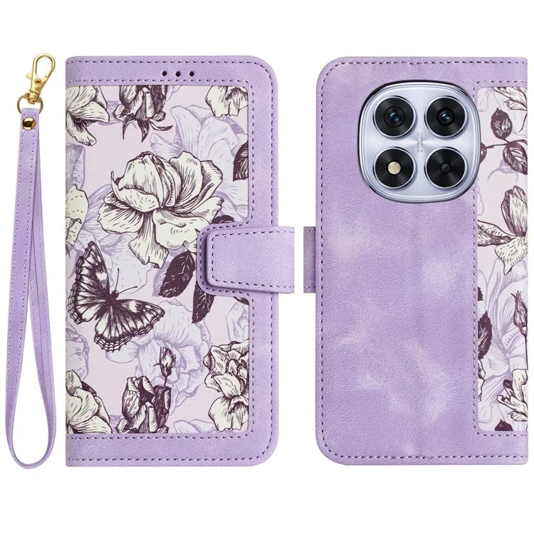 Husa pentru Xiaomi Redmi Note 14 Pro din Piele Ecologică cu Design Floral, Protecție 360°, Stand Integrat, Buzunare pentru Carduri, SKDR Floral Wallet - Mov
