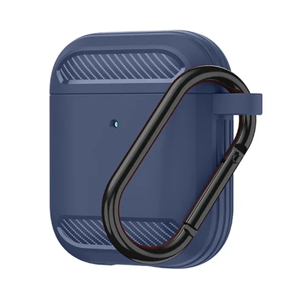Husa Protectie pentru AirPods 1 / AirPods 2, din Fibra de Carbon Silicon, cu Breloc Carabina, Incarcare Wireless, EarSafe - Albastru