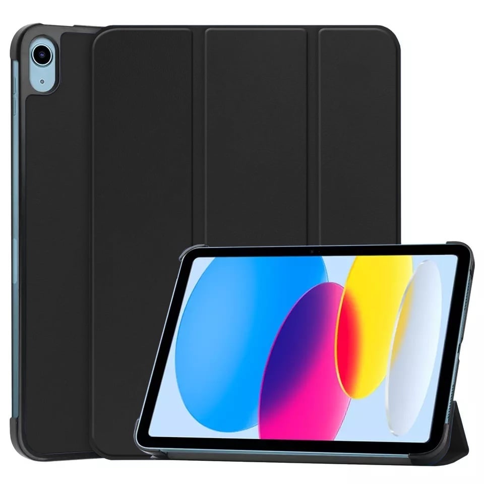 Husa tableta pentru iPad 10 (2022) 10.9 / 11 (2025), SKYDDAR INNOVATION, cu suport Multi-Unghi si functie Sleep/Wake, FoldPro, Negru, set cu sticker