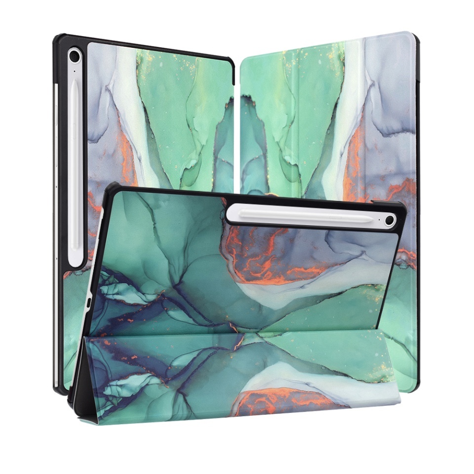 Husa tableta pentru Samsung Galaxy Tab S10 FE Plus, SKYDDAR INNOVATION, cu suport Multi-Unghi si functie Sleep/Wake, FoldPro, Green time, set cu sticker