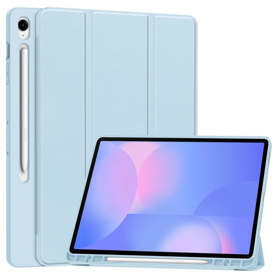 Husa tableta pentru Samsung Galaxy Tab S10 FE Plus, suport Pencil, functie Sleep/Wake, SKDR, Flex Trifold, Bleu, set cu sticker