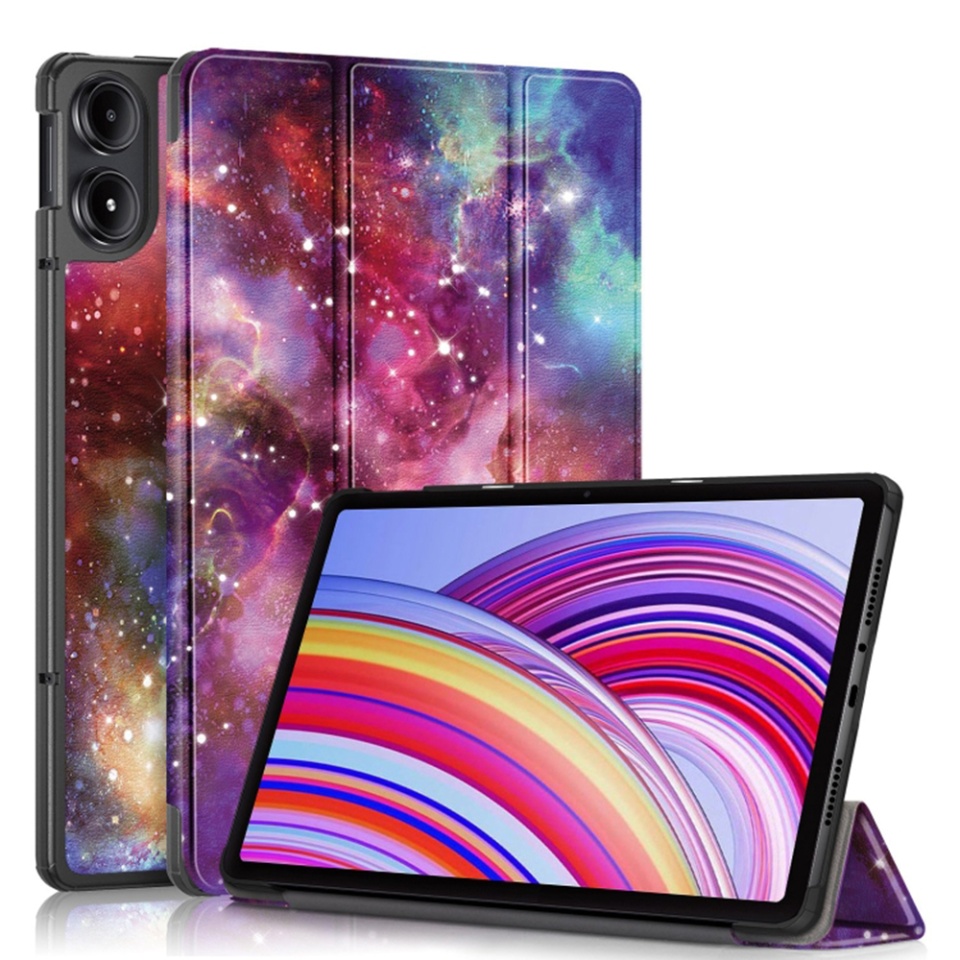 Husa tableta pentru Xiaomi Redmi Pad Pro / Redmi Pad Pro 5G / Poco Pad, SKYDDAR INNOVATION, cu suport Multi-Unghi si functie Sleep/Wake, FoldPro, Galaxy, set cu sticker