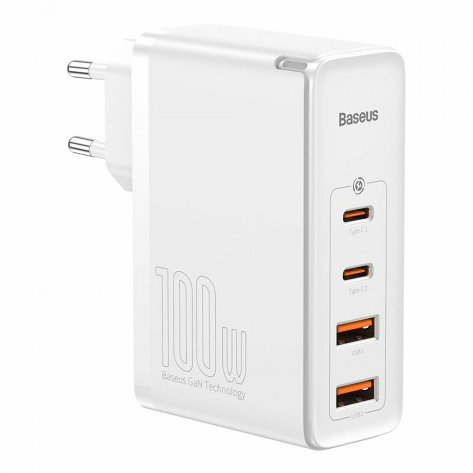 Incarcator 2x USB-C PD 100W, 2x USB-A QC3.0 + Cablu Type-C - Baseus (CCGAN2P-L02) - White