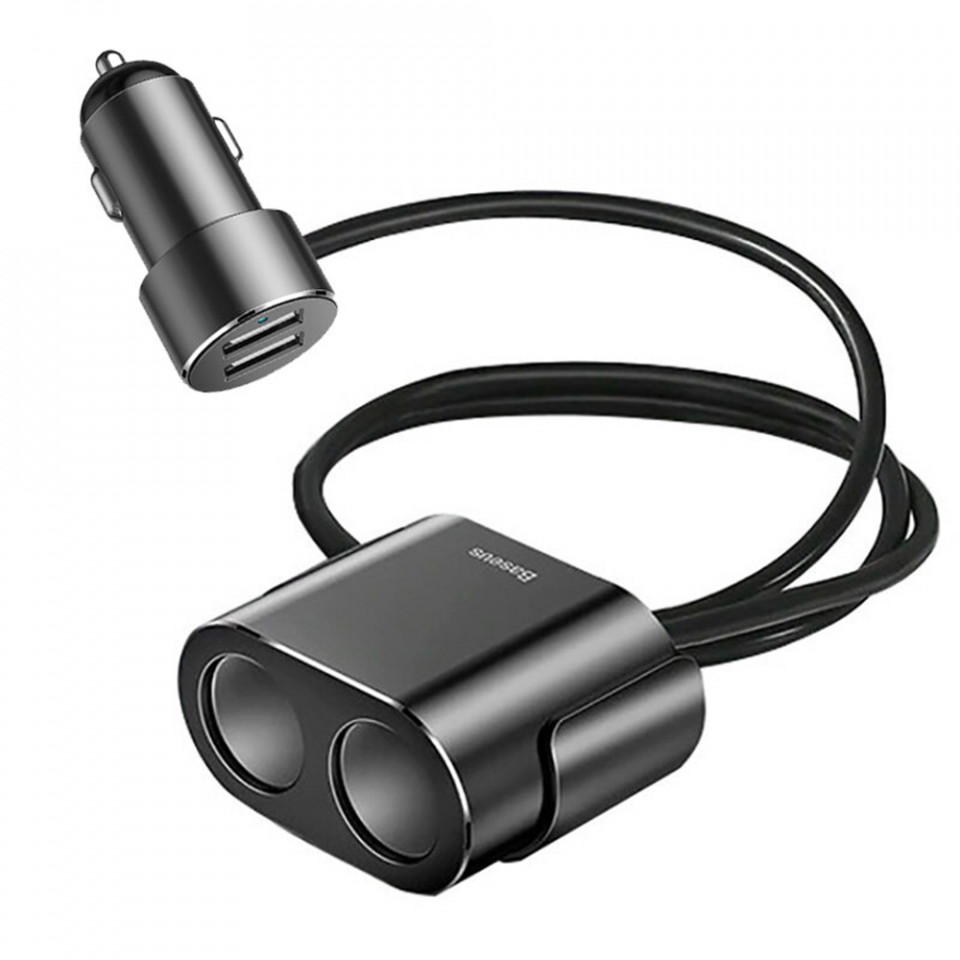 Incarcator auto 2x USB 3.1A, 17W cu 2x priza bricheta 80W, Baseus (CRDYQ-01) - Negru