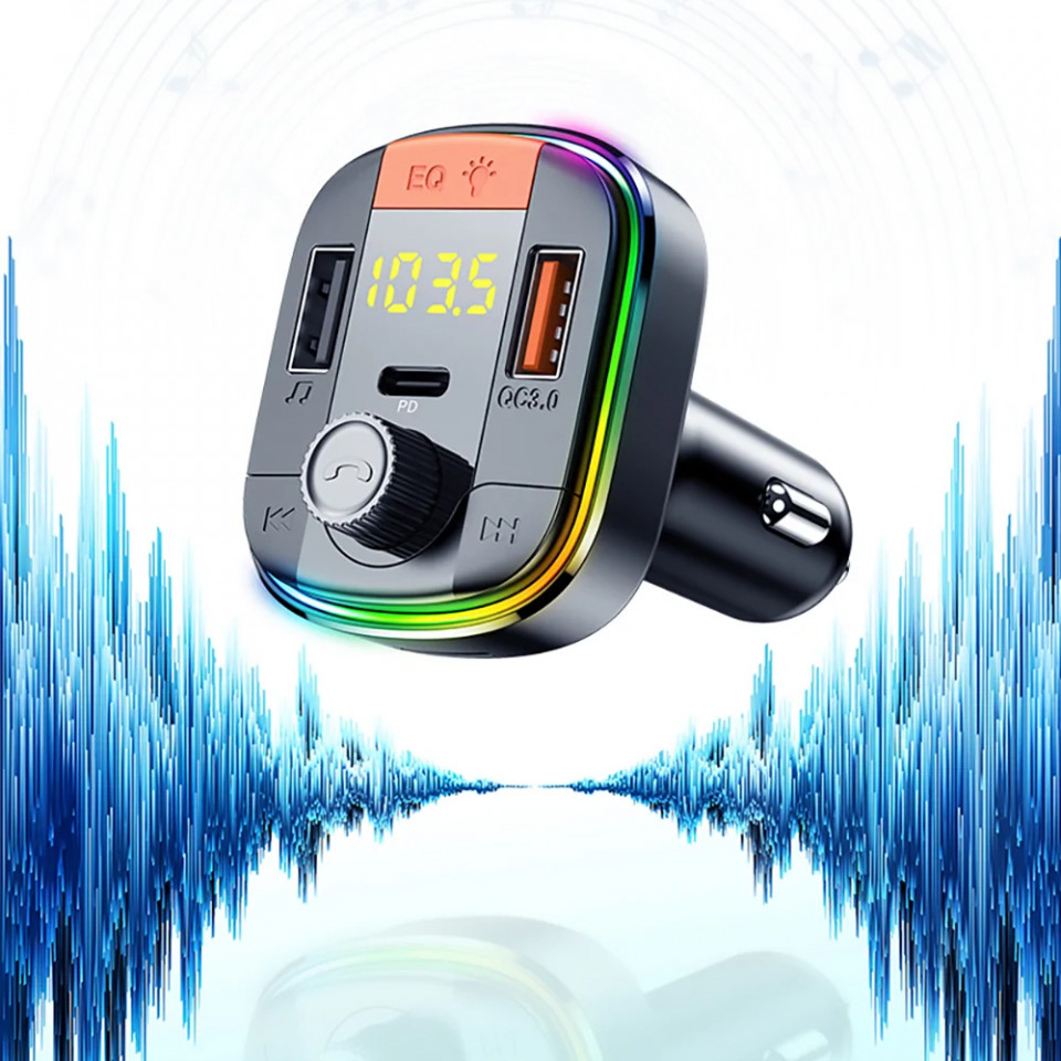 Incarcator Auto cu Modulator FM, Display LED, 2xUSB, Type-C, 18W, Yesido (Y45) - Negru - 2 | YEO