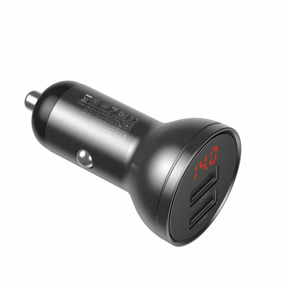 Incarcator auto, display voltaj, 2x USB 4.8 A, 24W, Baseus - Negru - 2 | YEO