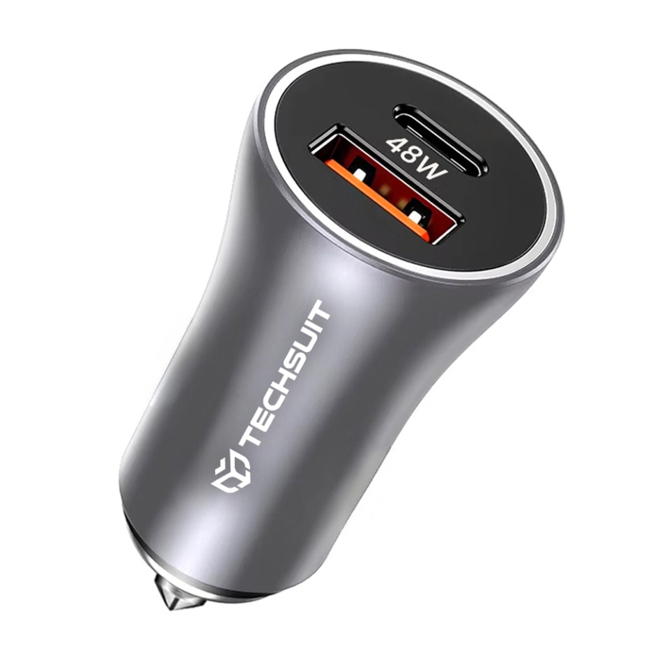 Incarcator Auto Fast Charge Type-C 30W, USB QC 18W, Skyddar RescueVolt, set cu sticker, Gri