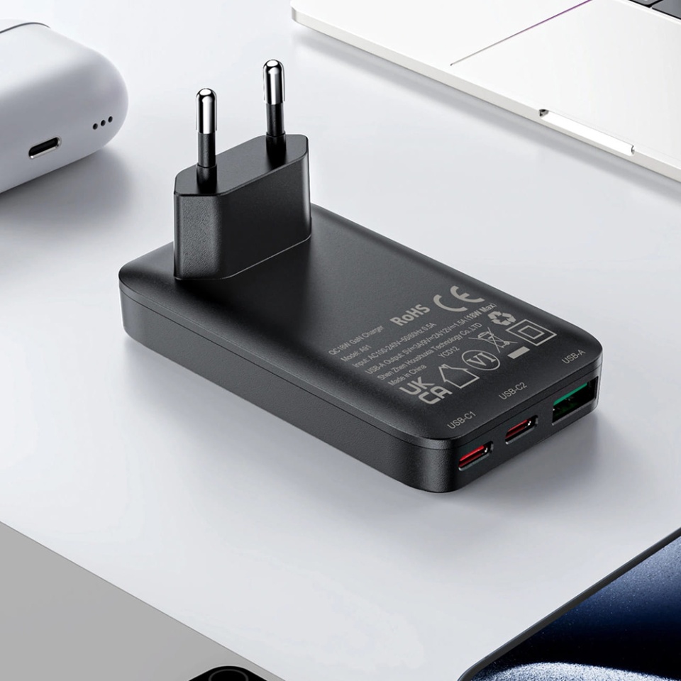 Incarcator Priza 65W, 2x Type-C + 1x USB, 3in1, Tehnologie GaN, PD Fast Charging, Acefast A100, Negru - 7