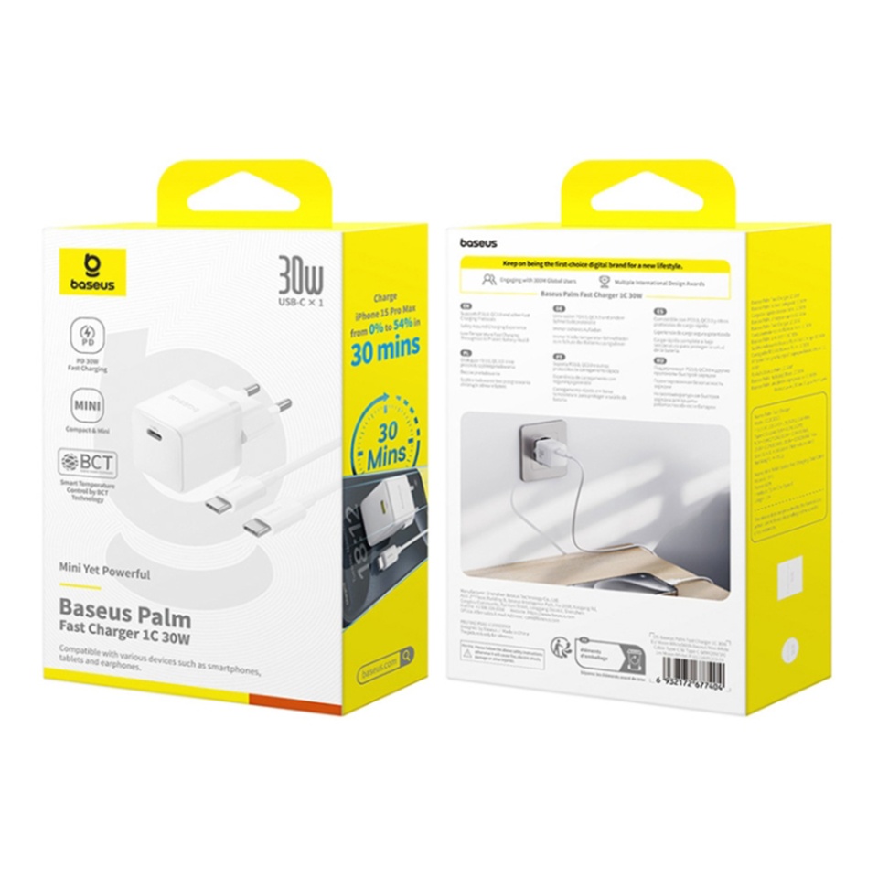 Incarcator Priza, Baseus,Type-C Cablu Inclus, Fast Charge, 30W, 5V/3.0A, 1m, Palm 5213, Alb - 7