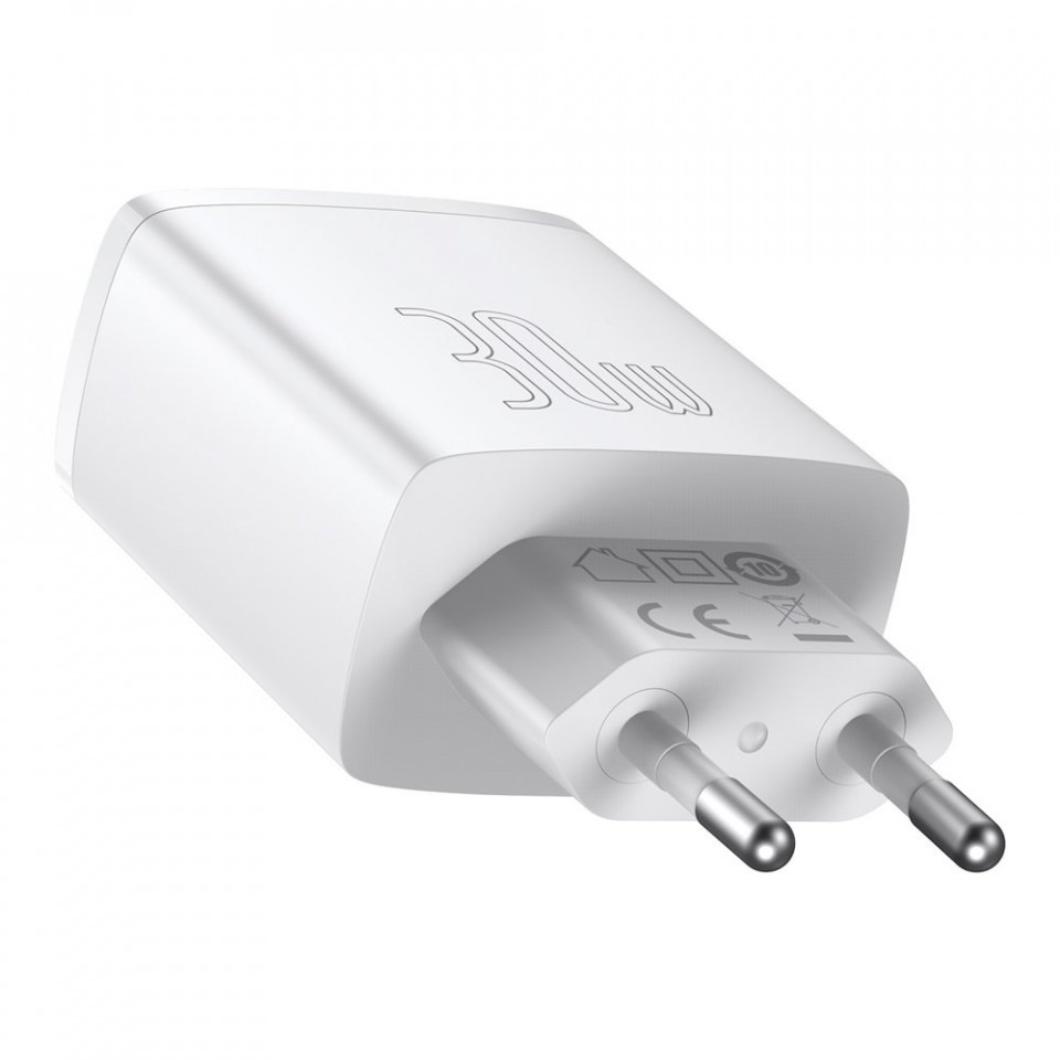 Incarcator priza Compact, USB-C, PD, 30W si 2x USB-A, QC 3A, Baseus (CCXJ-E02) - Alb - 1 | YEO