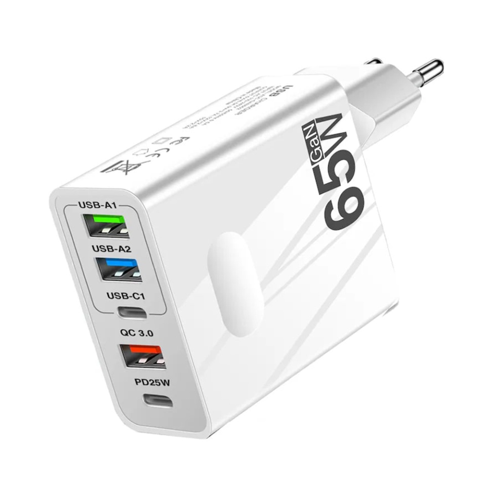 Incarcator Priza cu 5 porturi , Universal, 3x USB, 2x Type-C, Cablu Inclus, PD 25W, 65W, GaN, Techsuit PentaXPower (CHC1), Alb, set cu sticker