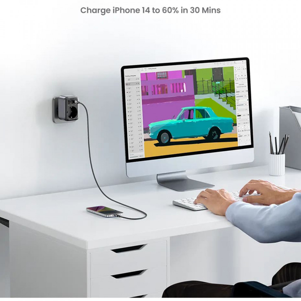 Incarcator Priza EU, 2x USB, Type-C la US, Fast Charging, 30W - Ugreen (15289) - Black - 6