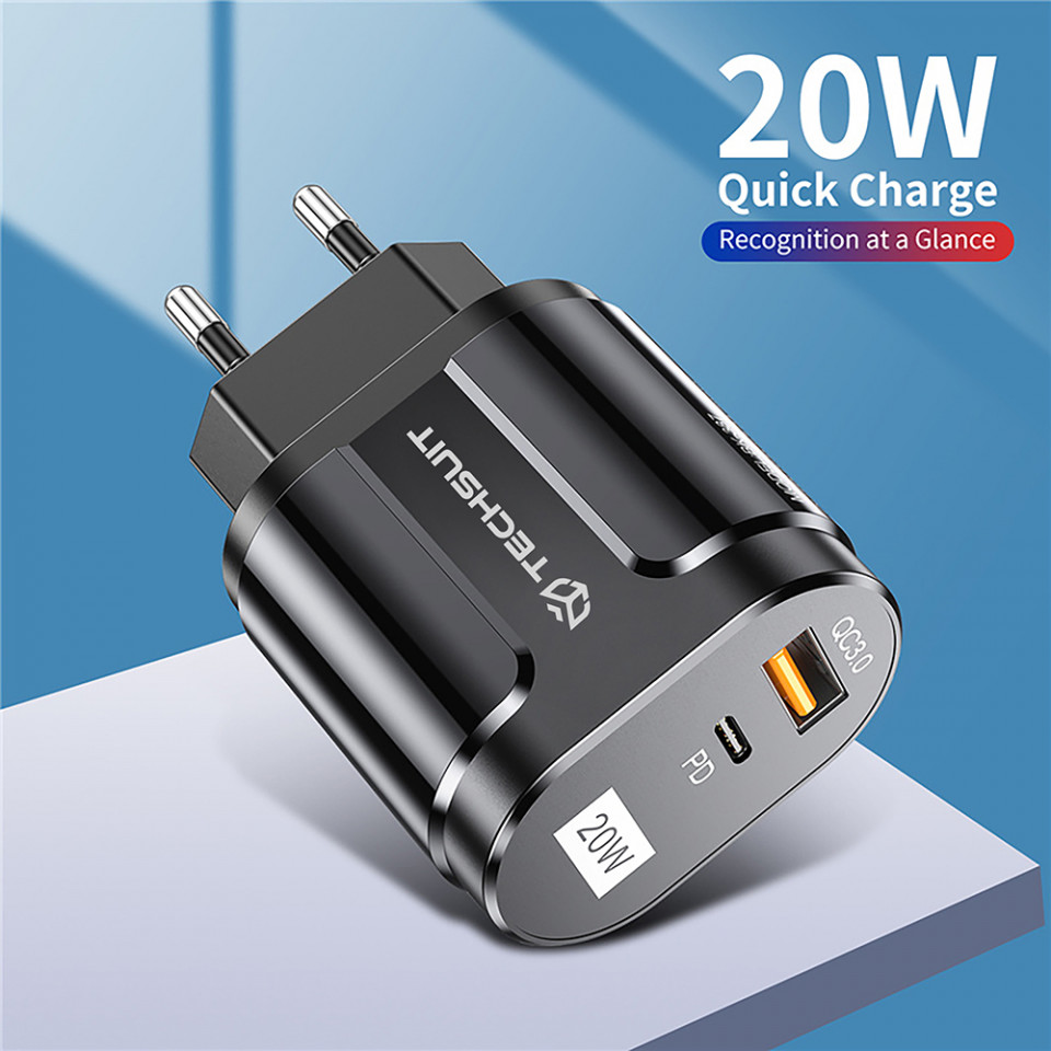 Incarcator priza QC 3.0, 20W, USB-A, USB-C, Techsuit Premium - Negru - 3 | YEO