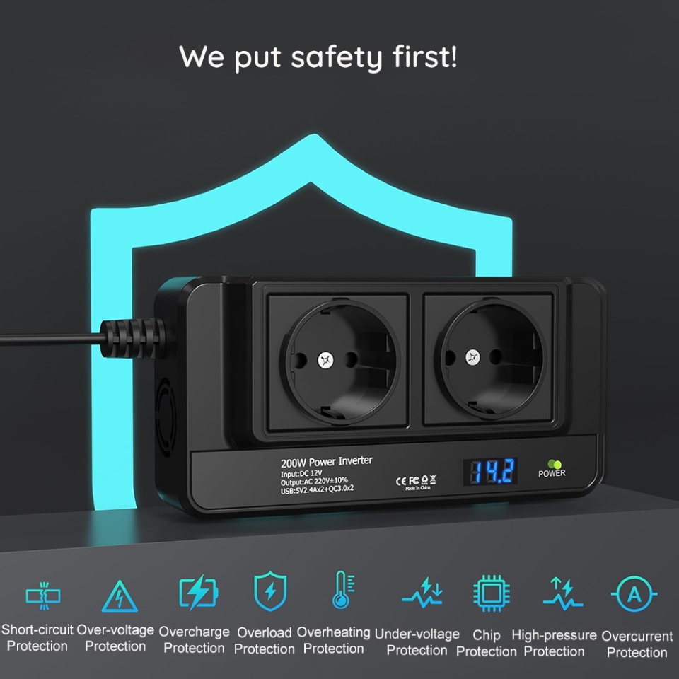 Invertor Auto 220V, Type-C, 2x USB, 2x AC Power Sockets, 200W, Skyddar PowerDriveX, set cu sticker, Negru - 1 | YEO