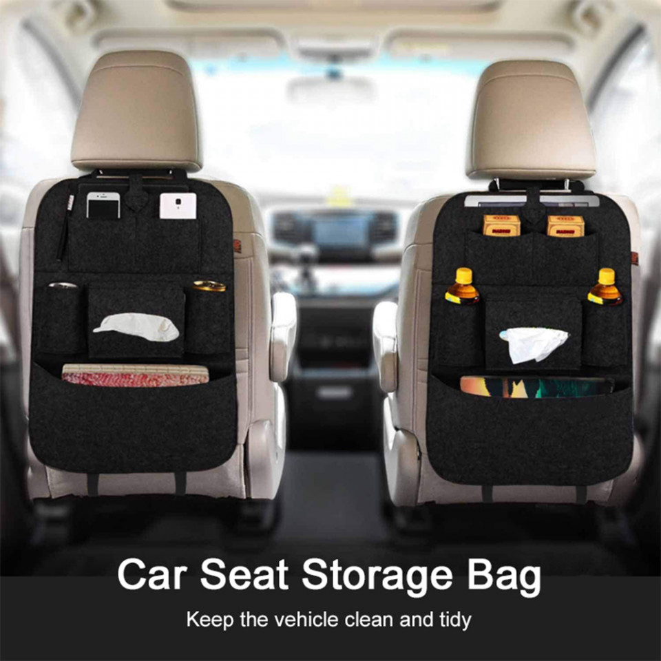Organizator Auto pentru Tetiera Scaun, 2 Cup Holder, Multiple Buzunare, Universal, Sistem Prindere, Techsuit Car - Negru - 3 | YEO