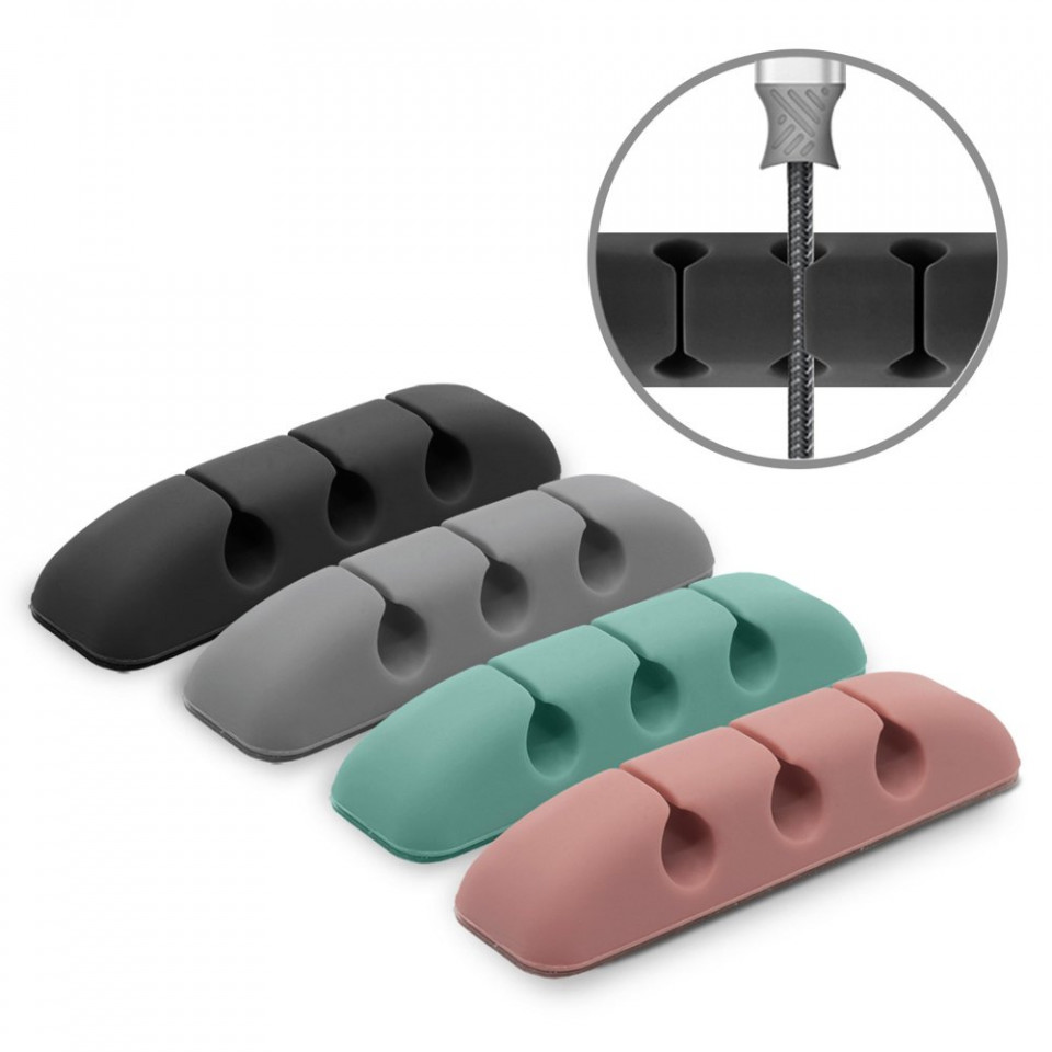 Organizator cabluri, din Silicon, Pachet (4x buc), TopK, 4 spatii - Multicolor