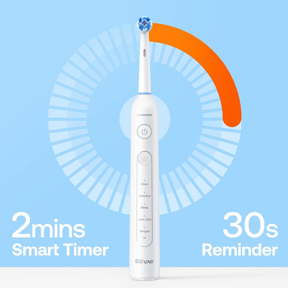 Periuta de dinti electrica Bitvae R2 cu cap rotativ, 8 capete de schimb, husa de calatorie, incarcare USB, autonomie 3 ore, BVR2, Alb - 3 | YEO