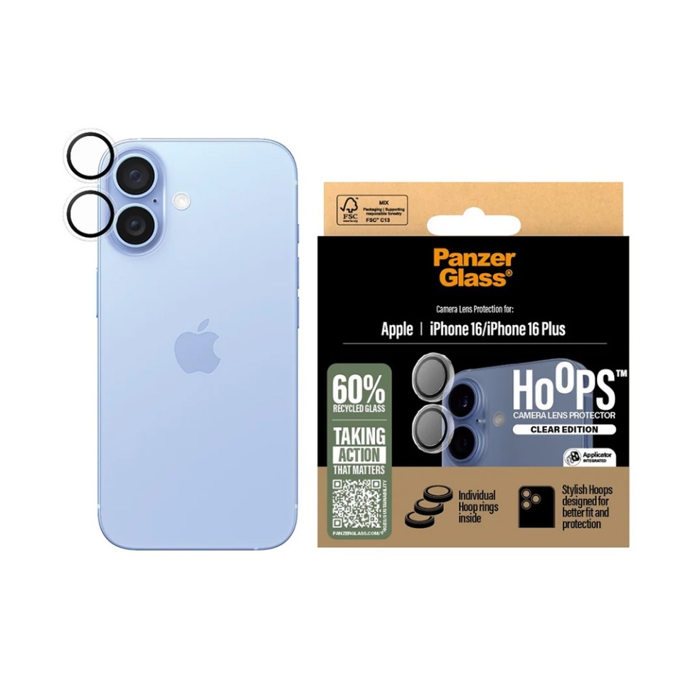 Protectie Camera pentru iPhone 16 / 16 Plus, Hoops PanzerGlass®, cu Separare Optica, Sticla Securizata, Anti-Zgarieturi si Anti-Reflexie, Transparenta