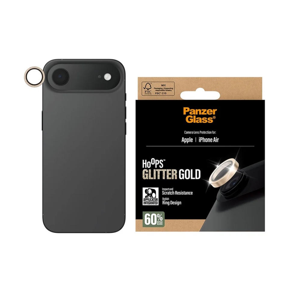 Protectie Camera pentru iPhone 17 Air, Hoops PanzerGlass®, cu Separare Optica, Sticla Securizata, Anti-Zgarieturi si Anti-Reflexie, Auriu