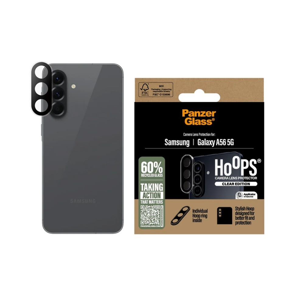 Protectie Camera pentru Samsung Galaxy A56 5G, Hoops PanzerGlass®, cu Separare Optica, Sticla Securizata, Anti-Zgarieturi si Anti-Reflexie, Transparenta